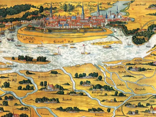 The image shows a poster of a map of the Rhine River in Germany, with trees, buildings, and boats...