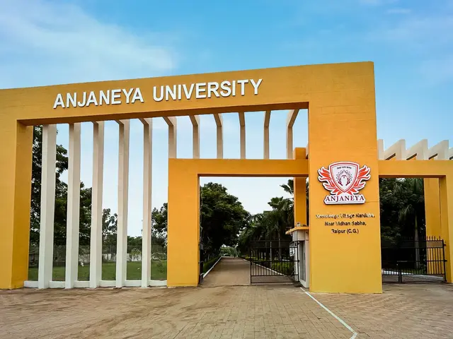 The image shows the entrance to Anjaneya University in Hyderabad, India. It is an arch with text...