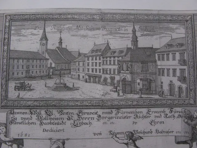 The image shows an old book with a drawing of a city street, featuring buildings, a fountain,...