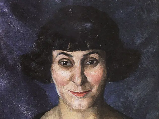 The image shows a painting of a woman with black hair wearing a black dress against a blue...