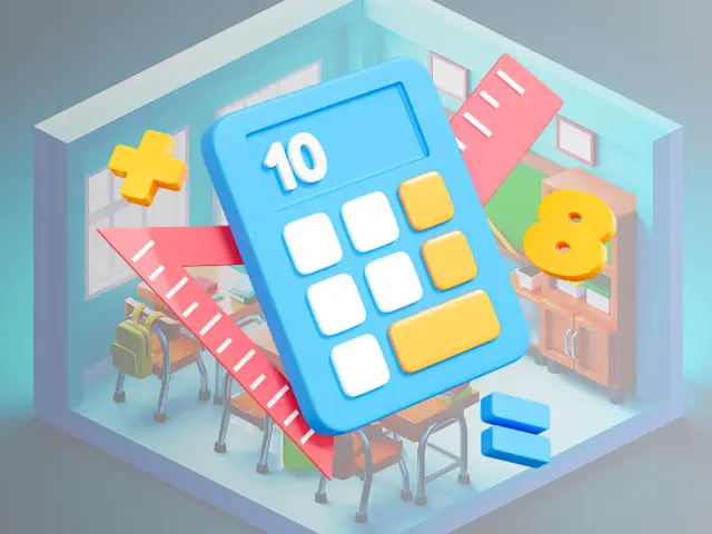 The image shows an animated classroom with a calculator in the middle of it, surrounded by tables,...