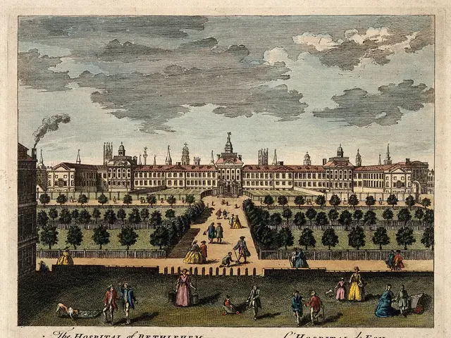 The image shows a poster of the Hospital of Bethlehem in London, England. It features a large...