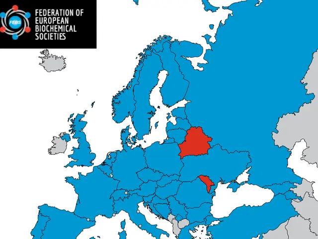 The image shows a map of Europe with the European Union highlighted in blue and red, indicating the...