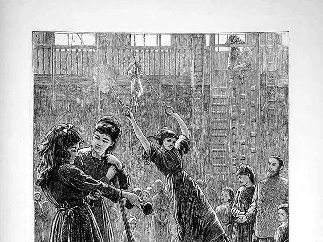 The image shows a black and white engraving of a group of children playing with a ball in a...