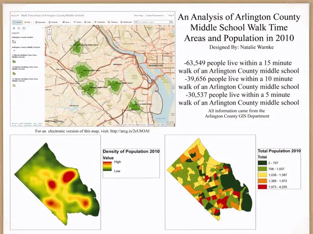 The image shows an analysis of Arlington County Middle School Walk Time Areas and Population in...