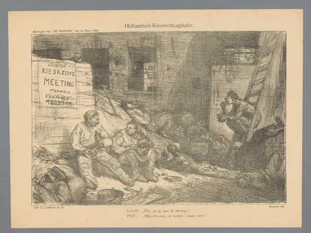 The image shows a drawing of a group of people sitting around a table in a room, with a paper in...