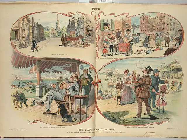 The image shows an open book with a drawing of a group of people in a city. The book is placed on a...