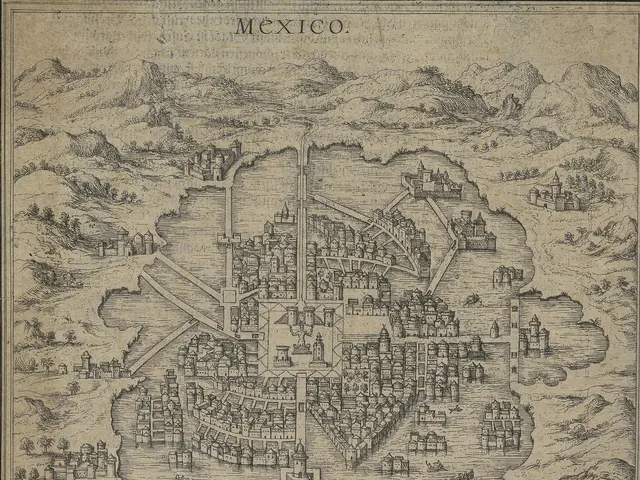 The image shows a poster of a map of Mexico with a group of people standing in front of it. The...