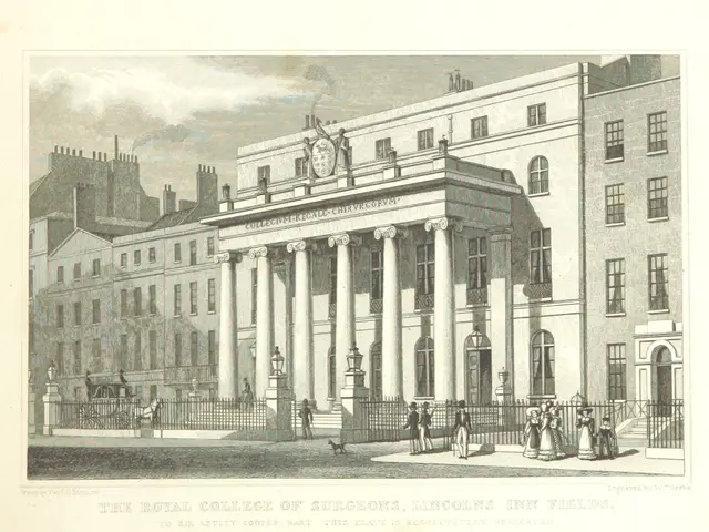 The image shows a paper with a drawing of the Royal College of Surgeons, Lincoln's Inn Fields, with...