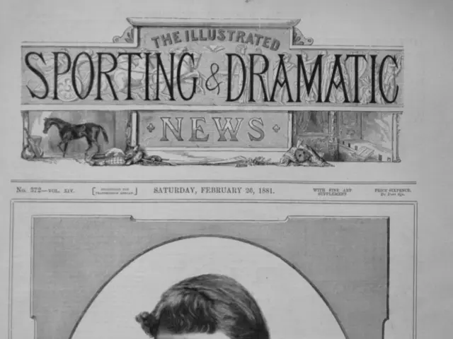 The image shows an old newspaper with a drawing of a woman's face on the front page. The woman has...