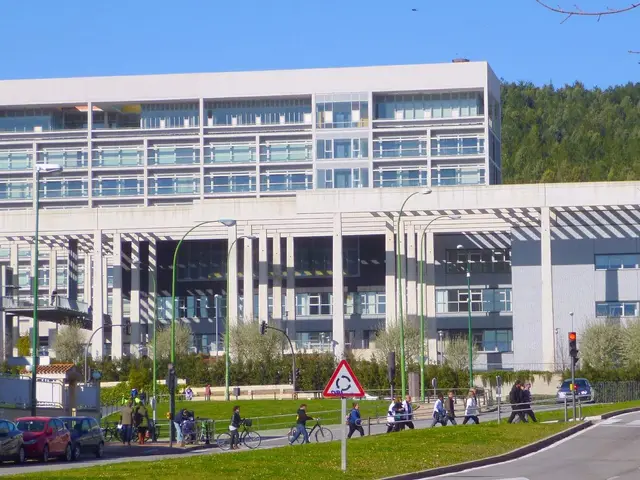 The image shows a large building with many windows on the side of it, surrounded by street poles,...