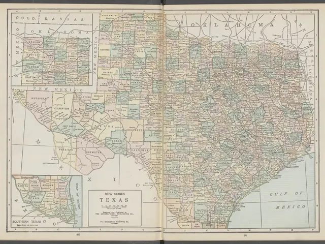 The image shows an open book with a map of Texas on it. The map is detailed and shows the various...