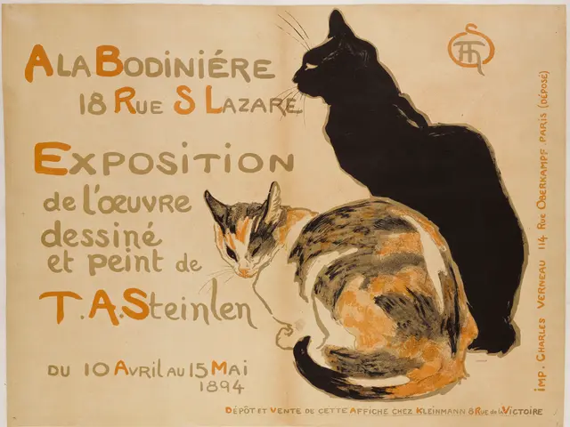 The image shows a poster advertising an exhibition of cats in Paris, France. It features two cats,...