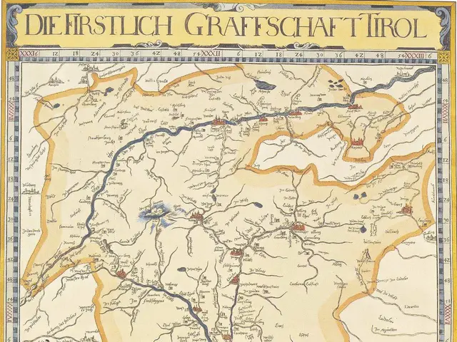 The image shows a poster of a map of the first German Graffschaft Tirol, with text and images on...