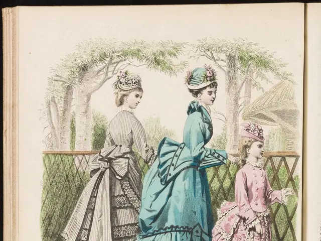 The image shows an open book with a drawing of three women in dresses and hats standing in front of...