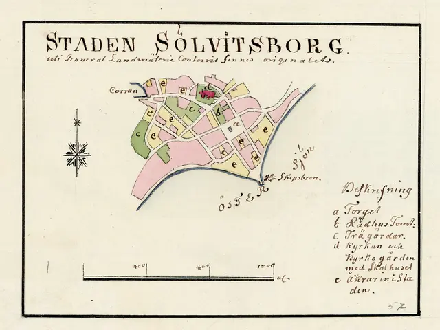 The image shows a paper with a map of the city of Staden Solvitsborg, Sweden, with text written on...
