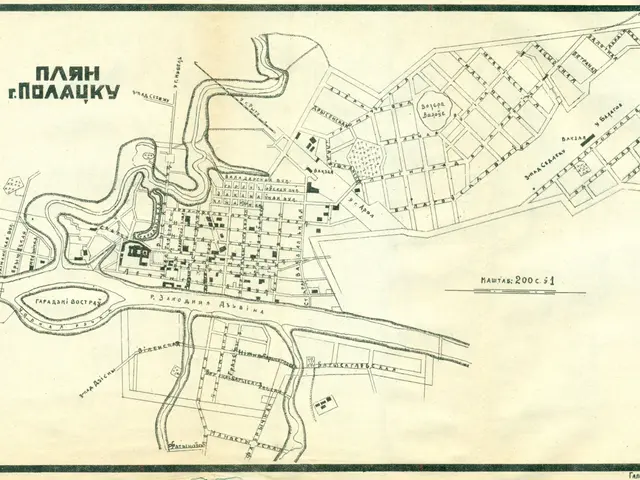 The image shows an old map of the city of Novgorod, Russia, with text written on it. The map is...