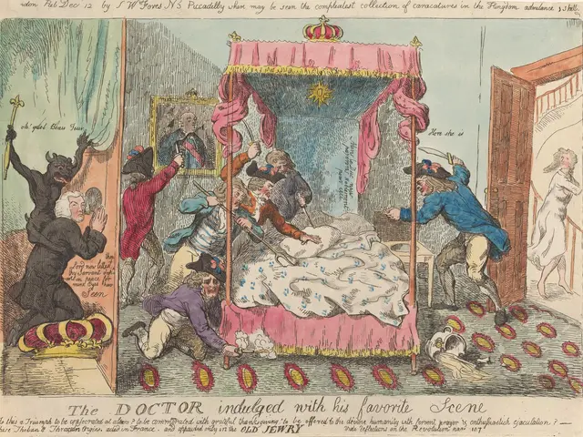 The image shows a cartoon depicting a doctor indulging with his favorite scene, with a person lying...