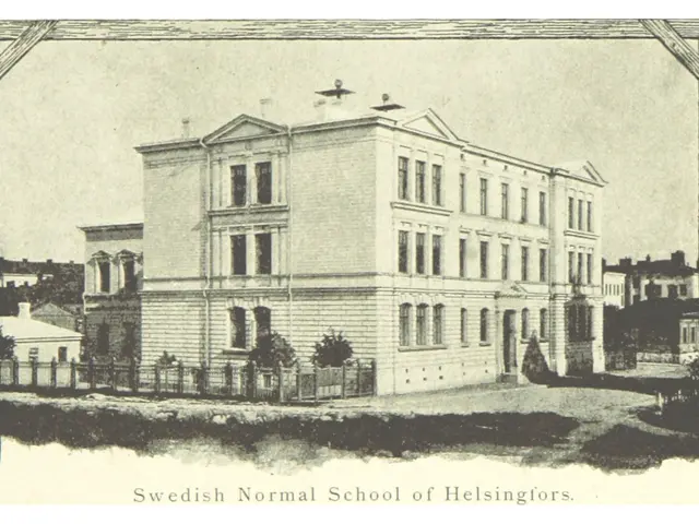 The image shows a poster of the Swedish Normal School of Helsinki, with a few buildings, trees, and...
