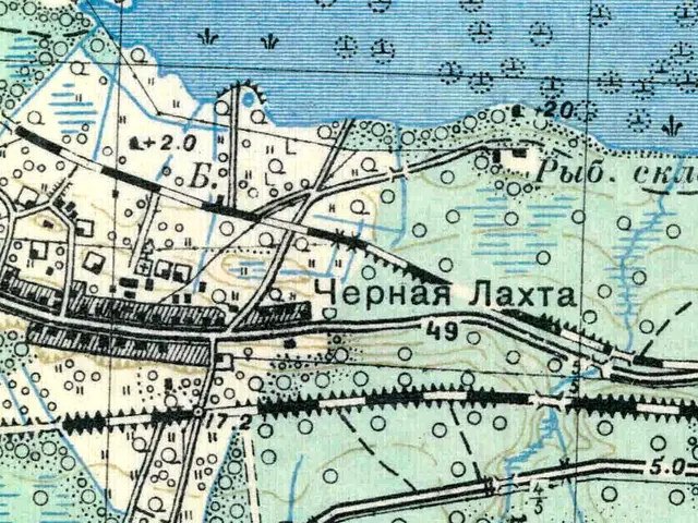 The image shows an old map of the city of Novgorod, Russia, with text and numbers indicating the...