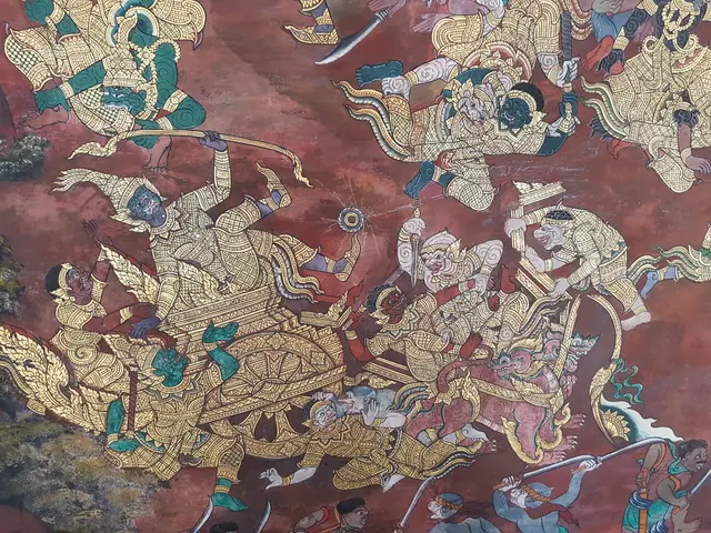 The image shows a painting on the wall of a Buddhist temple in Thailand depicting a scene from the...