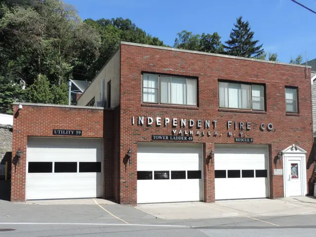 The image shows an independent fire co building with windows and doors, text on the building, a...