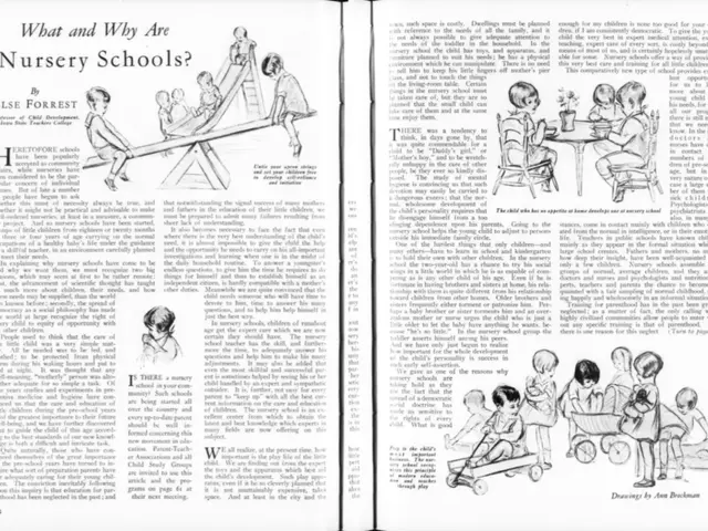 The image shows an open book with a drawing of a group of children playing in a nursery school. The...