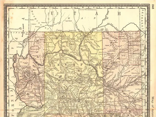 The image shows an old map of the state of Arizona, with text at the top and bottom of the paper....