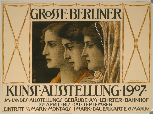 The image shows a poster for the Kunst-Ausstellung in 1897, featuring three women with human faces....