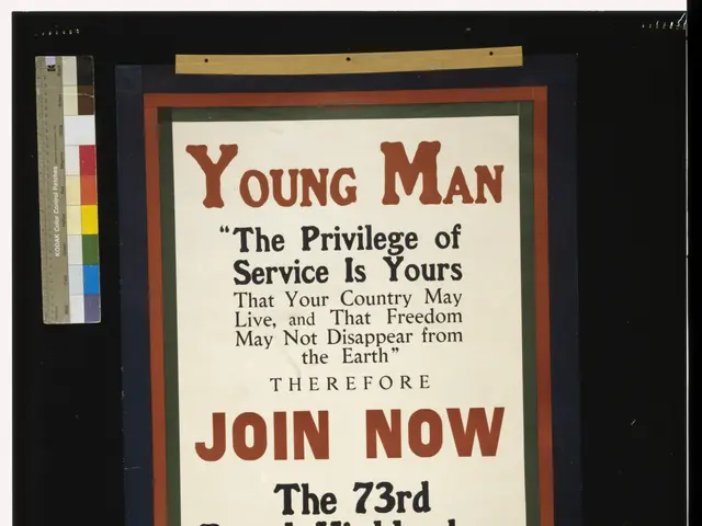 The image shows a poster with the text "Young Man: The Privilege of Service is Yours" written in...