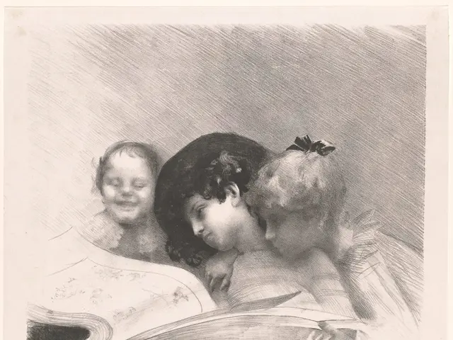 The image shows a black and white drawing of three children reading a book. The children are...