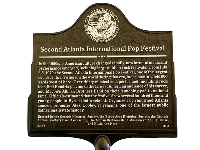 The image shows a black board with the words "Second Atlanta International Pop Festival" written on...