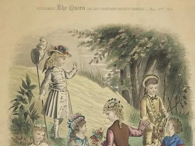 The image shows a group of children in fashionable clothing from the 19th century, standing in a...