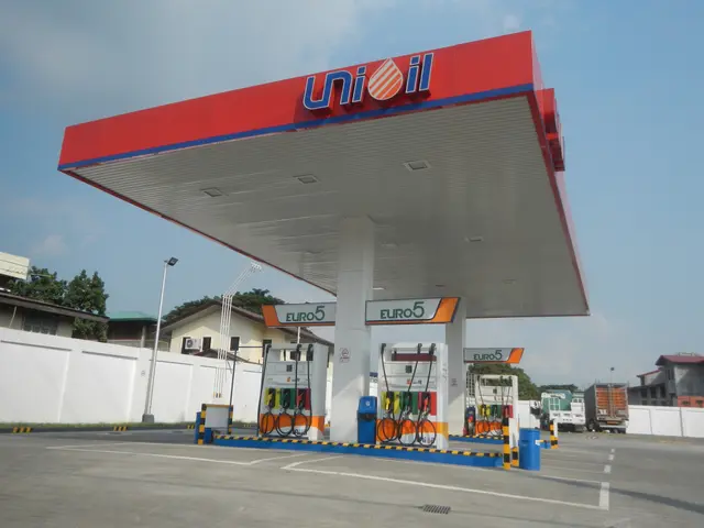 The image shows a gas station with a sign that reads "Uni Oil" in the foreground, surrounded by...
