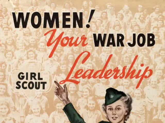 The image shows a poster with a woman in the center, surrounded by a group of people. The text on...