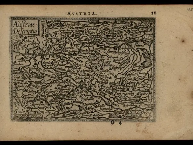 The image shows an old book with a map of Austria on it, set against a black background. The map is...