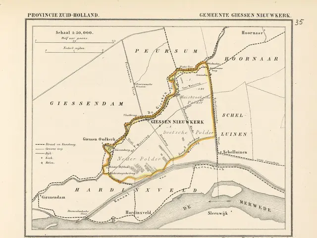 The image shows an old map of the city of Giesse Nieuwerk, Netherlands, with text and a route map....