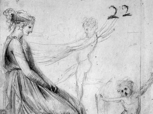 The image shows a drawing of a woman sitting on a chair, with a child standing beside her. At the...