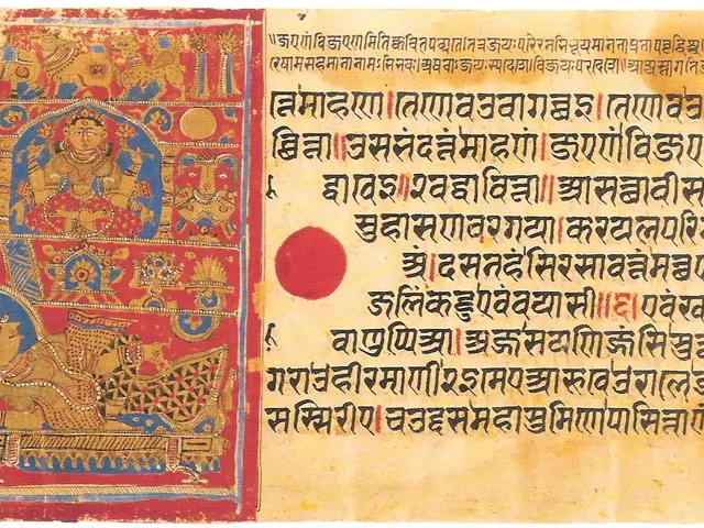 The image shows an open book with a painting on it and text written in Tibetan. The painting is...