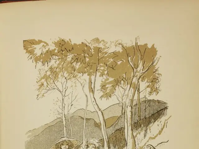 The image shows an open book with a drawing of a group of children sitting on a bench surrounded by...