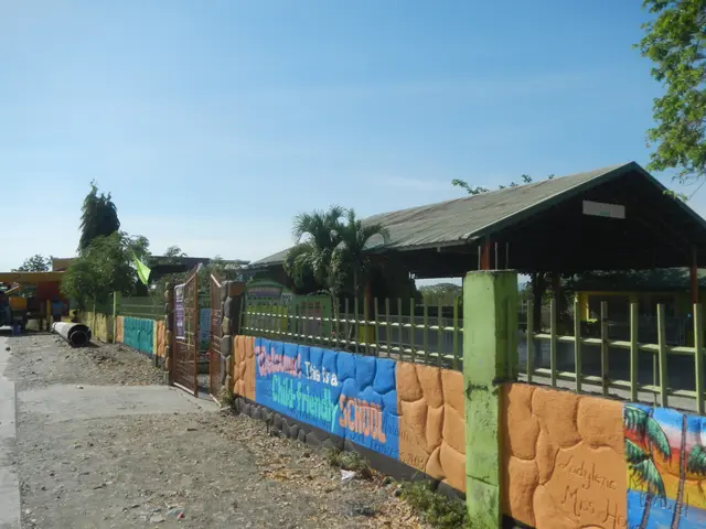 The image shows a school building with a mural on the side of it, surrounded by a fence, a shed, a...