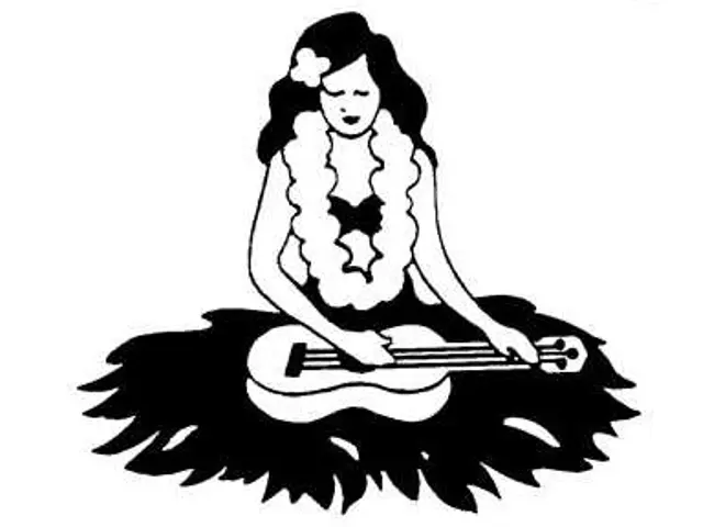 The image shows three black and white hawaiian hula dancers, each holding a guitar. The dancers are...