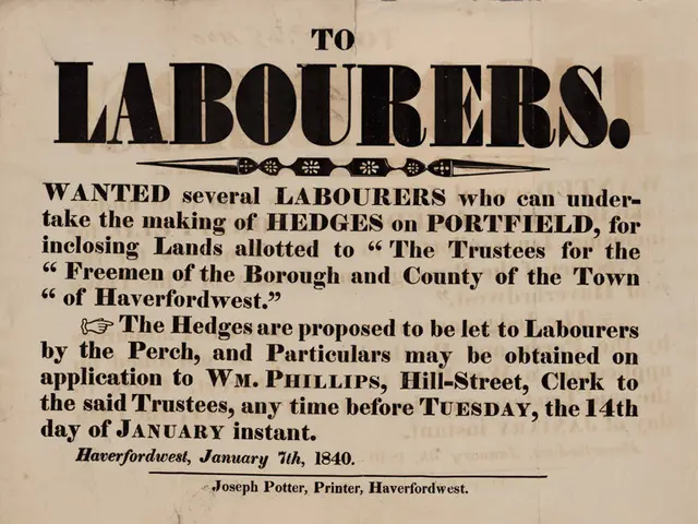 The image shows an old newspaper advertisement for a job opportunity to labourers. The paper has...
