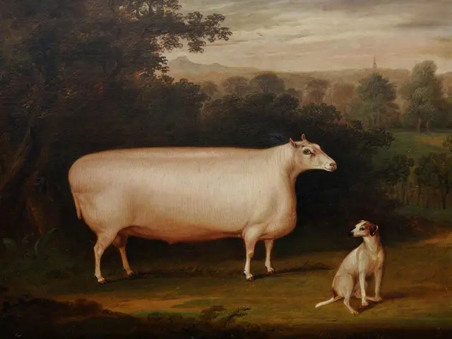 The image shows a painting of a cow and a dog in a wooded landscape, with trees, hills, and a...