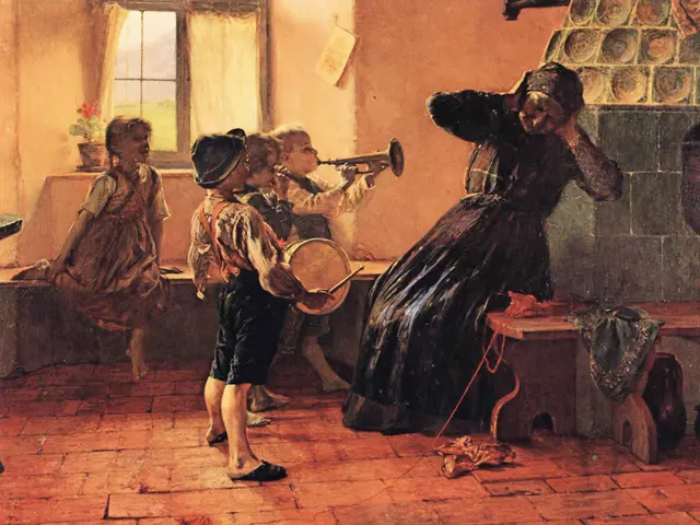 The image shows a painting of a group of children playing musical instruments in a room with a...