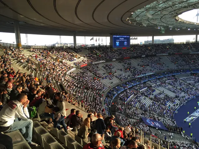 The image shows a large crowd of people sitting in a stadium watching a soccer game. On the right...