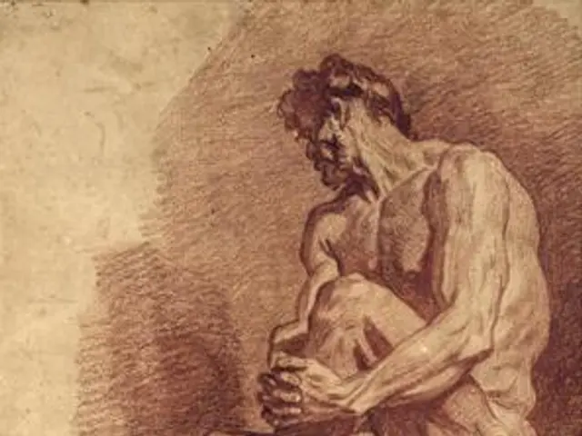 The image shows a drawing of a man sitting on the ground, with his head bowed and his hands clasped...