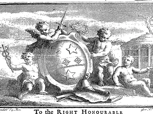 The image shows a black and white drawing of a group of people holding a shield with the words "To...