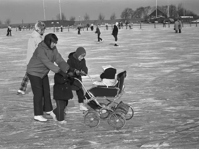 The image shows a group of people skating on an ice rink, with a baby in a stroller in the...
