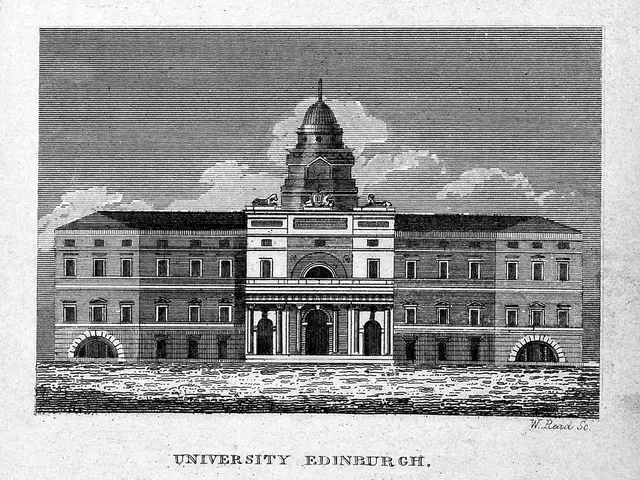 The image shows a black and white drawing of a building with a clock tower, surrounded by a sky...